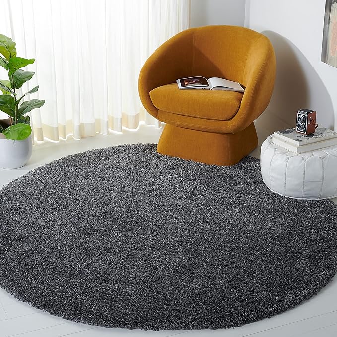 SAFAVIEH Santa Monica Shag Collection Area Rug - 6'7" Round, Dark Grey, Solid Design, Non-Shedding & Easy Care, 2-inch Thick Ideal for High Traffic Areas in Living Room, Bedroom (SGN725-8484)