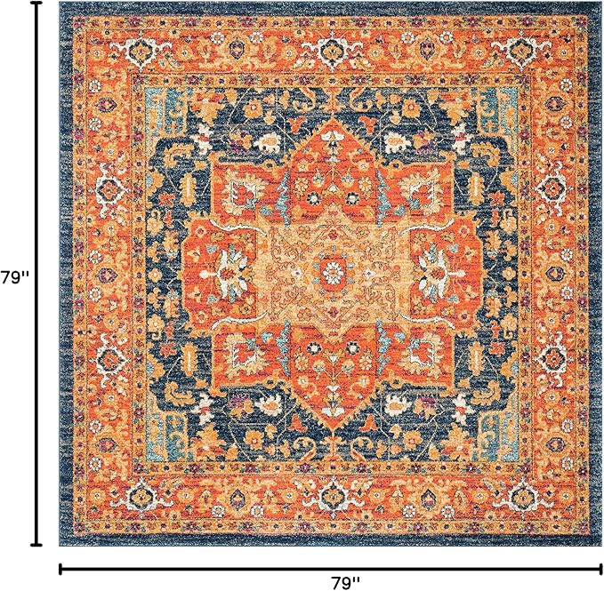 SAFAVIEH Evoke Collection Area Rug - 6'7" Square, Blue & Orange, Oriental Medallion Distressed Design, Non-Shedding & Easy Care, Ideal for High Traffic Areas in Living Room, Bedroom (EVK275C)
