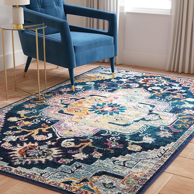 SAFAVIEH Crystal Collection Area Rug - 5' x 8', Navy & Fuchsia, Medallion Distressed Design, Non-Shedding & Easy Care, Ideal for High Traffic Areas in Living Room, Bedroom (CRS501H)