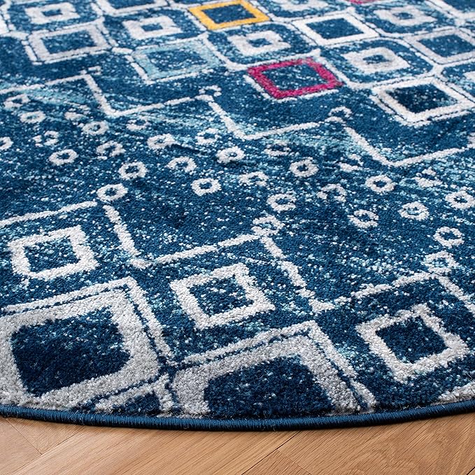 SAFAVIEH Amsterdam Collection 3' Round Navy/Turquoise AMS108M Moroccan Boho Non-Shedding Living Room Dining Bedroom Foyer Area Rug
