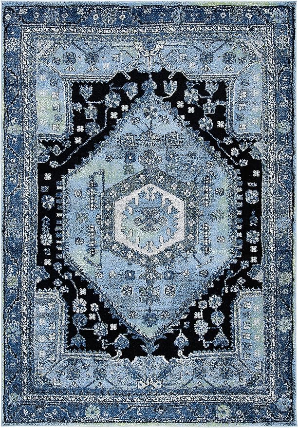 SAFAVIEH Vintage Hamadan Collection Area Rug - 5'3" x 7'6", Light Blue & Black, Traditional Oriental Design, Non-Shedding & Easy Care, Ideal for High Traffic Areas in Living Room, Bedroom (VTH204J)