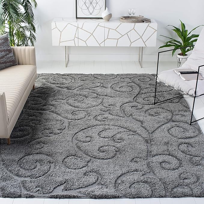 SAFAVIEH Area Rug 11x15 - Florida Shag Collection - Large - Grey, Scroll Design, Non-Shedding & Easy to Clean, High-Low Plush Pile, Ideal for Living Room, Bedroom, Dining Space (SG455-8013)