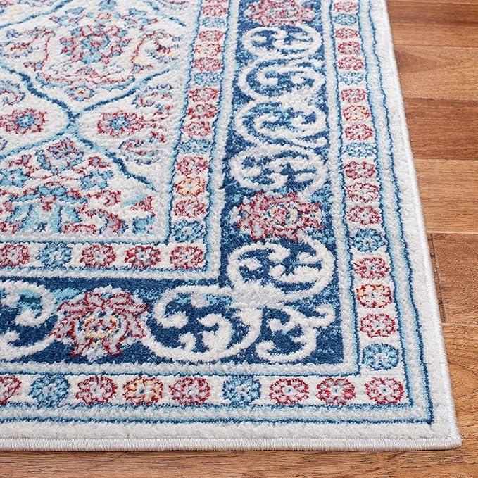 SAFAVIEH Brentwood Collection 4' x 6' Beige / Navy BNT870B Oriental Damask Trellis Non-Shedding Living Room Bedroom Accent Rug