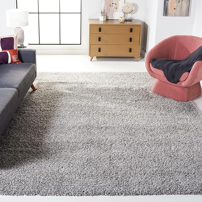 SAFAVIEH Santa Monica Shag Collection 6'7" x 9'6" Silver SGN725 Solid Non-Shedding Living Room Bedroom Dining Room Entryway Plush 2-inch Thick Area Rug
