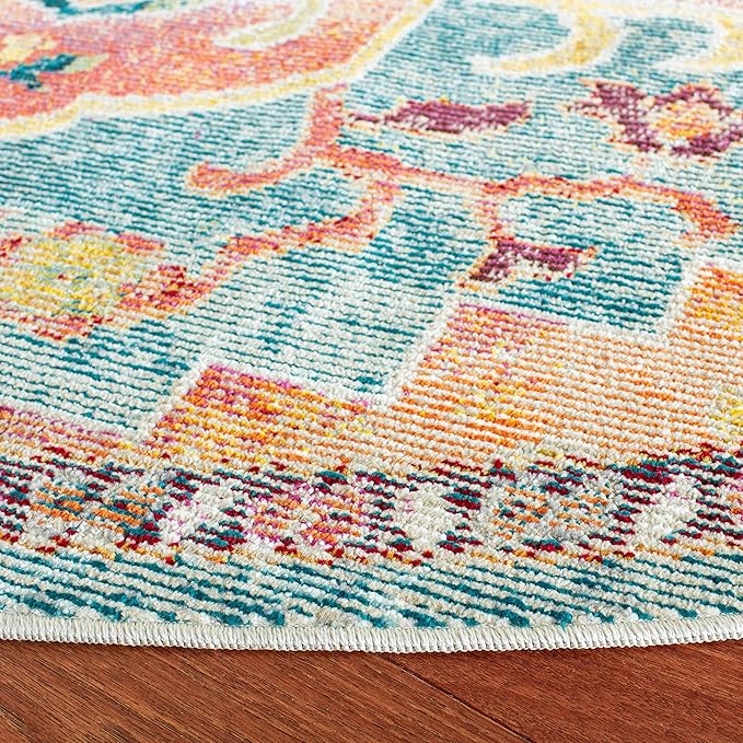 SAFAVIEH Crystal Collection Area Rug - 4' Round, Orange & Teal, Medallion Distressed Design, Non-Shedding & Easy Care, Ideal for High Traffic Areas in Living Room, Bedroom (CRS501K)