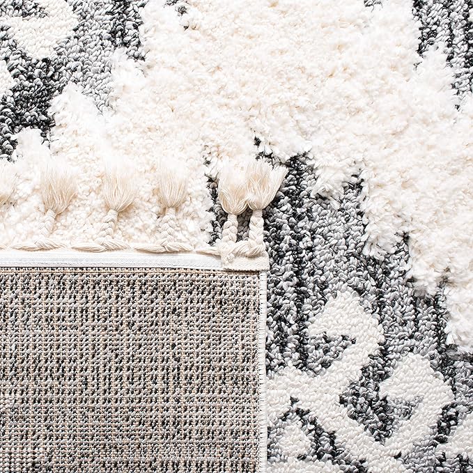 SAFAVIEH Moroccan Tassel Shag Collection Area Rug - 12' Round, Ivory & Grey, Boho Design, Non-Shedding & Easy Care, 2-inch Thick Ideal for High Traffic Areas in Living Room, Bedroom (MTS652F)
