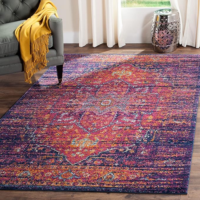 SAFAVIEH Evoke Collection 4' x 6' Blue / Fuchsia EVK275F Oriental Medallion Distressed Non-Shedding Living Room Bedroom Accent Rug