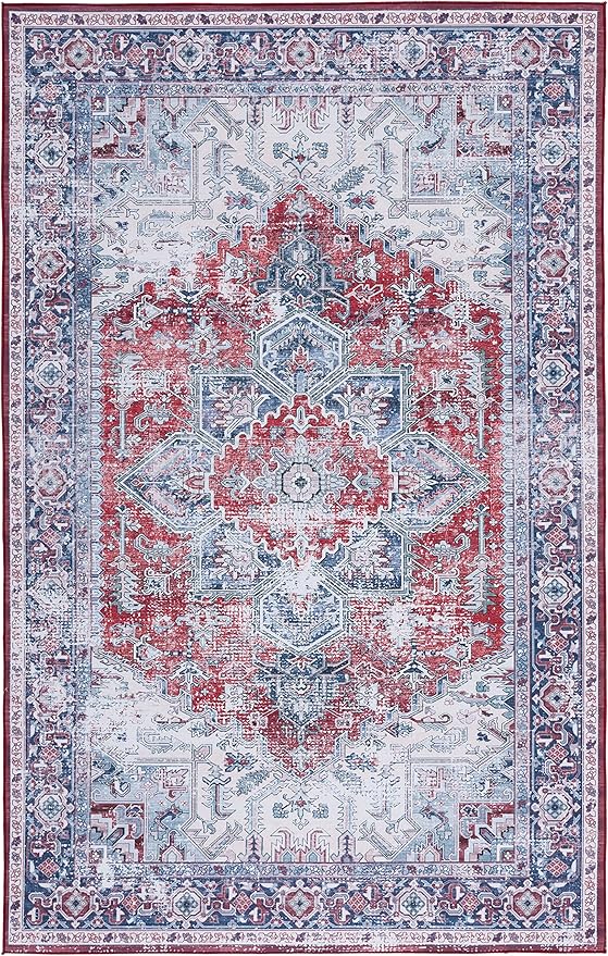 SAFAVIEH Washable Rug Tucson Collection - 4' x 6', Red & Navy, Slip Resistant & Easy to Clean, Ideal for Foyer, Kitchen, Nursery, Office, Bedroom (TSN101S)
