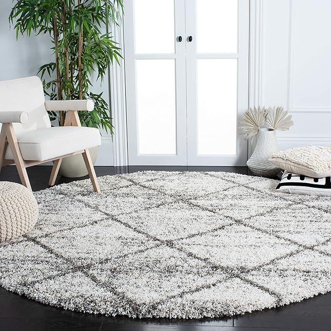 SAFAVIEH Hudson Shag Collection 4' Round Grey/Beige SGH281J Modern Diamond Trellis Non-Shedding 2-inch Thick Area Rug