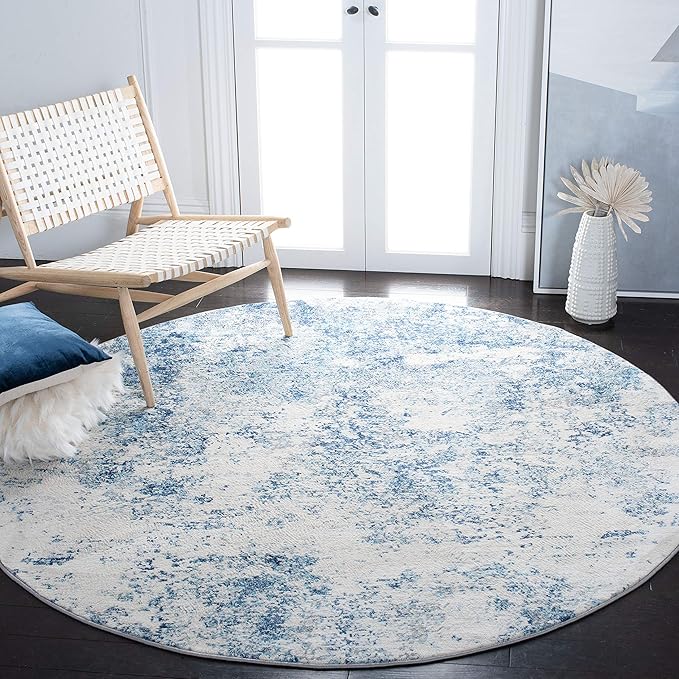 SAFAVIEH Brentwood Collection 3' Round Ivory/Navy BNT822B Modern Abstract Non-Shedding Living Room Bedroom Area Rug