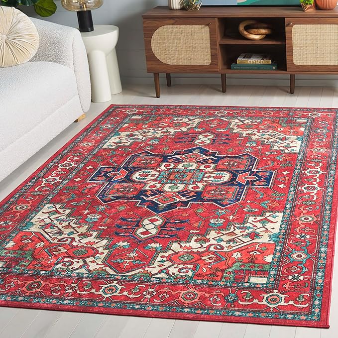 SAFAVIEH Washable Rug Orlando Collection - 4' x 6', Red & Beige, Non-Shedding & Easy to Clean, Ideal for Foyer, Kitchen, Nursery, Office, Bedroom (ORL758Q)