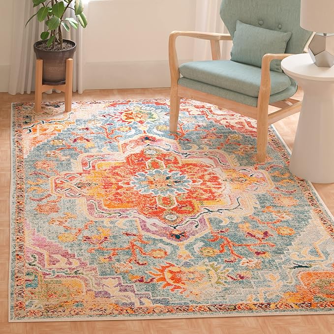 SAFAVIEH Crystal Collection Accent Rug - 3' x 5', Orange & Teal, Medallion Distressed Design, Non-Shedding & Easy Care, Ideal for High Traffic Areas in Entryway, Living Room, Bedroom (CRS501K)