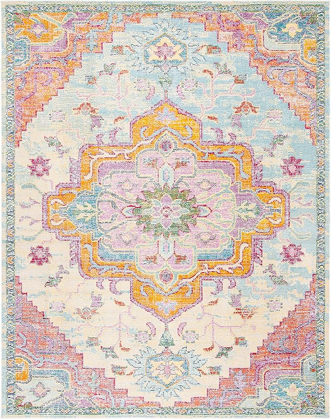 SAFAVIEH Crystal Collection X-Large Area Rug - 12' x 18', Light Blue & Fuchsia, Medallion Distressed Design, Non-Shedding & Easy Care, Ideal for High Traffic Areas in Living Room, Bedroom (CRS501B)