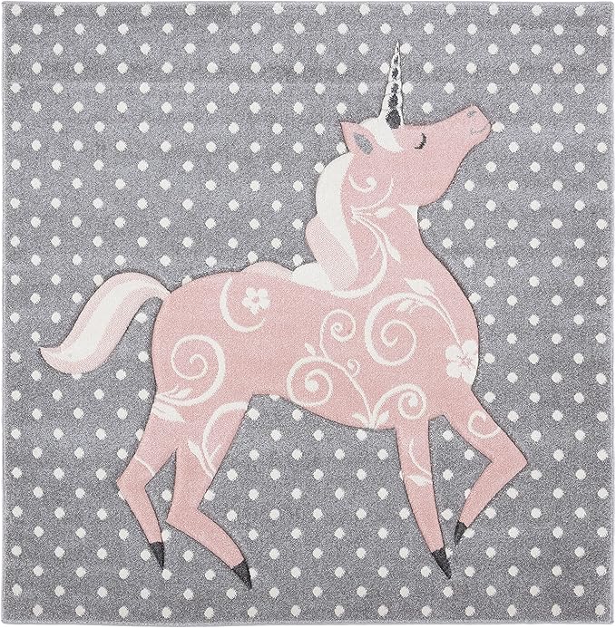 SAFAVIEH Carousel Kids Collection Area Rug - 5'3" Square, Grey & Ivory & Pink, Non-Shedding & Easy Care, Ideal for High Traffic Areas for Boys & Girls in Playroom, Nursery, Bedroom (CRK163G)
