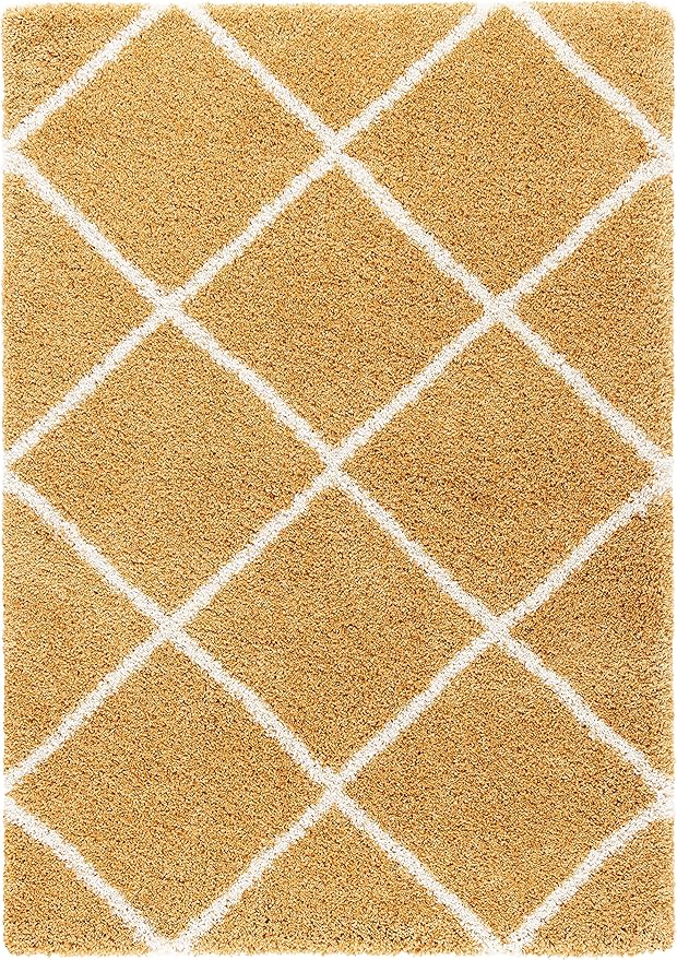 SAFAVIEH Hudson Shag Collection Accent Rug - 4' x 6', Gold & Ivory, Trellis Design, Non-Shedding & Easy Care, 2-inch Thick Ideal for High Traffic Areas in Entryway, Living Room, Bedroom (SGH281F)
