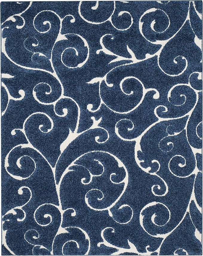 SAFAVIEH Florida Shag Collection Area Rug - 9'6" x 13', Dark Blue & Cream, Scroll Design, Non-Shedding & Easy to Clean, High-Low Plush Pile, Ideal for Living Room, Bedroom, Dining Space (SG455-6511)