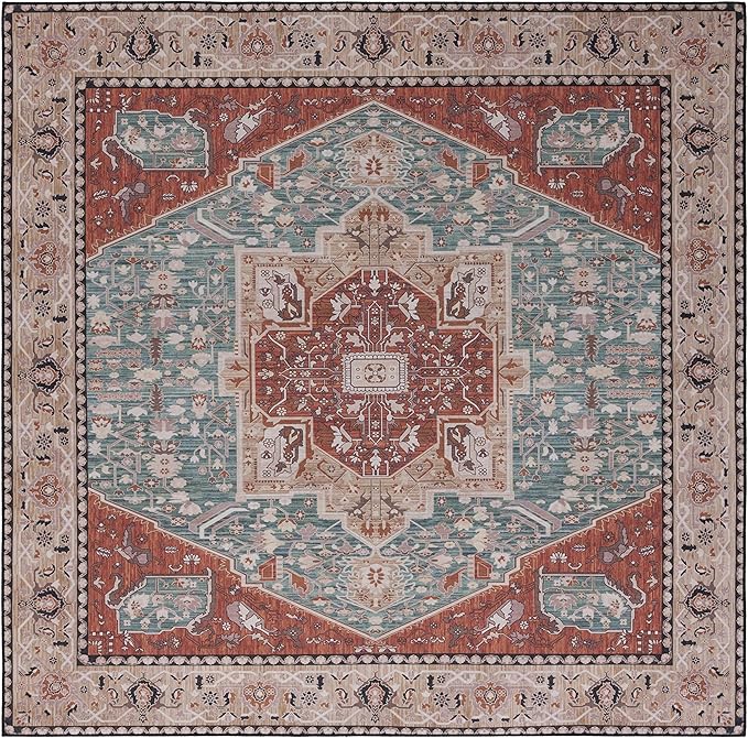 SAFAVIEH Washable Rug Tucson Collection - 4' Square, Aqua & Rust, Slip Resistant & Easy to Clean, Ideal for Foyer, Kitchen, Nursery, Office, Bedroom (TSN150J)