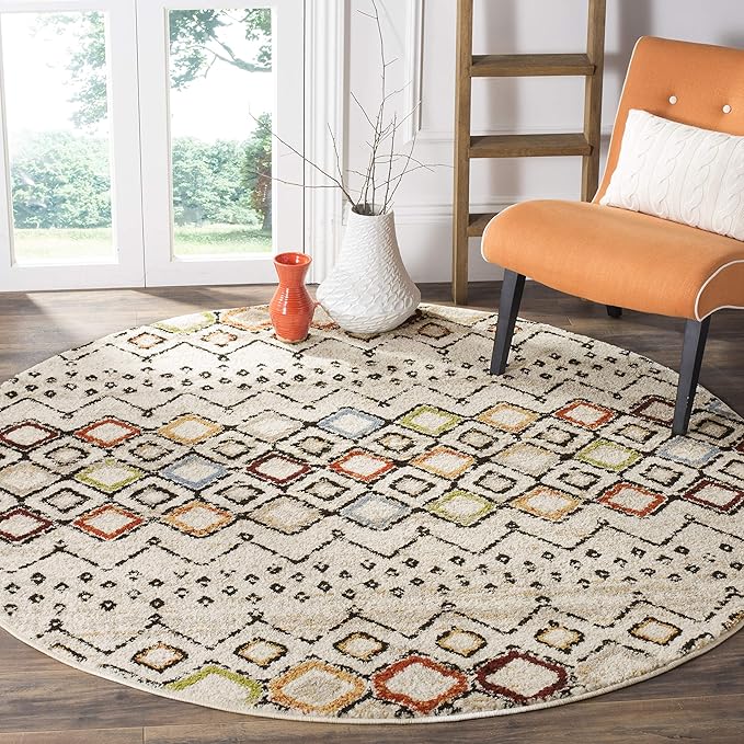 SAFAVIEH Amsterdam Collection Area Rug - 6'7" Round, Ivory & Multi, Moroccan Boho Design, Non-Shedding & Easy Care, Ideal for High Traffic Areas in Living Room, Bedroom (AMS108K)