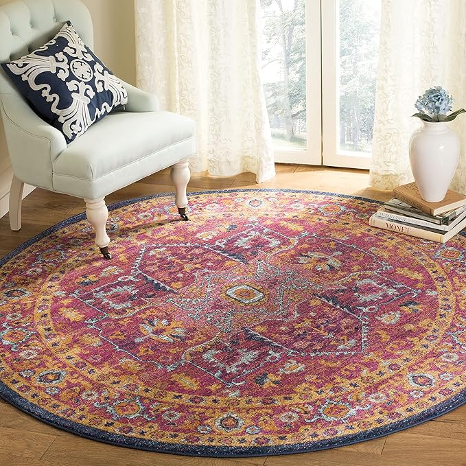 SAFAVIEH Evoke Collection Area Rug - 5'3" Round, Fuchsia & Orange, Oriental Medallion Distressed Design, Non-Shedding & Easy Care, Ideal for High Traffic Areas in Living Room, Bedroom (EVK275S)