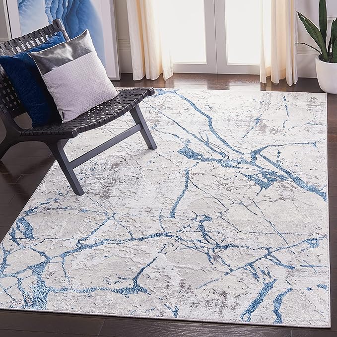 SAFAVIEH Amelia Collection Area Rug - 6'7" Square, Grey & Blue, Modern Abstract Design, Non-Shedding & Easy Care, Ideal for High Traffic Areas in Living Room, Bedroom (ALA293F)