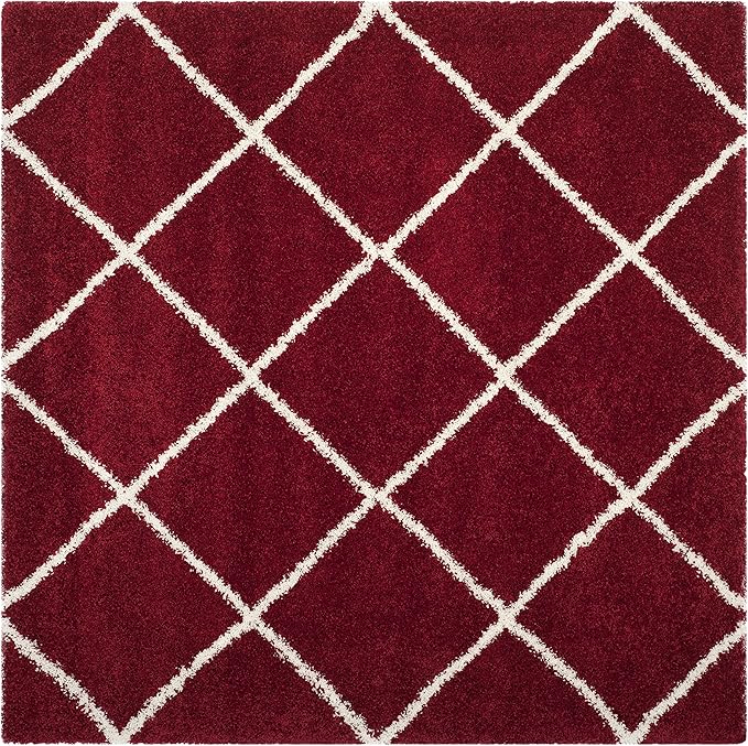 SAFAVIEH Hudson Shag Collection 7' Square Red / Ivory SGH281R Modern Diamond Trellis Non-Shedding Living Room Bedroom Dining Room Entryway Plush 2-inch Thick Area Rug