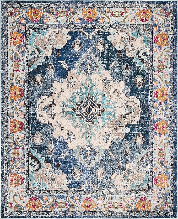 SAFAVIEH Monaco Collection Area Rug - 11' x 15', Navy & Light Blue, Non-Shedding & Easy to Clean, Distressed Medallion Design, Ideal for Living Room, Bedroom, Dining Space (MNC243N)
