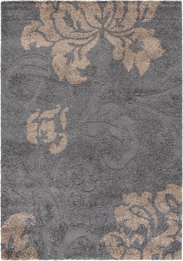SAFAVIEH Florida Shag Collection Area Rug - 5'3" x 7'6", Grey & Beige, Floral Design, Non-Shedding & Easy Care, 1.2-inch Thick Ideal for High Traffic Areas in Living Room, Bedroom (SG458-8013)