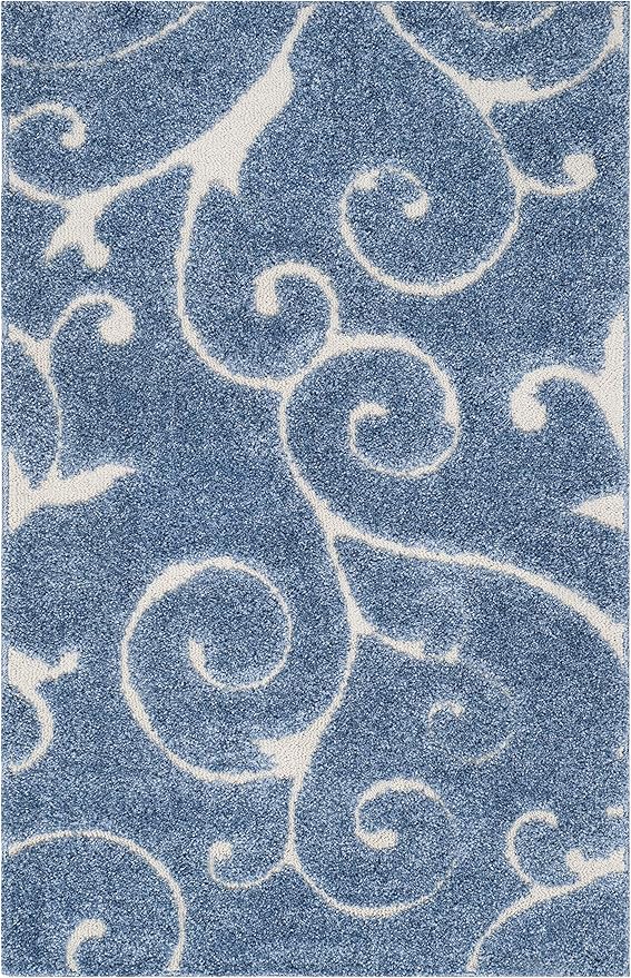 SAFAVIEH Florida Shag Collection Accent Rug - 2'3" x 5', Light Blue & Cream, Scroll Design, Non-Shedding & Easy Care, High-Low Plush Pile, Ideal for Bedroom, Foyer, Hallway (SG455-6011)
