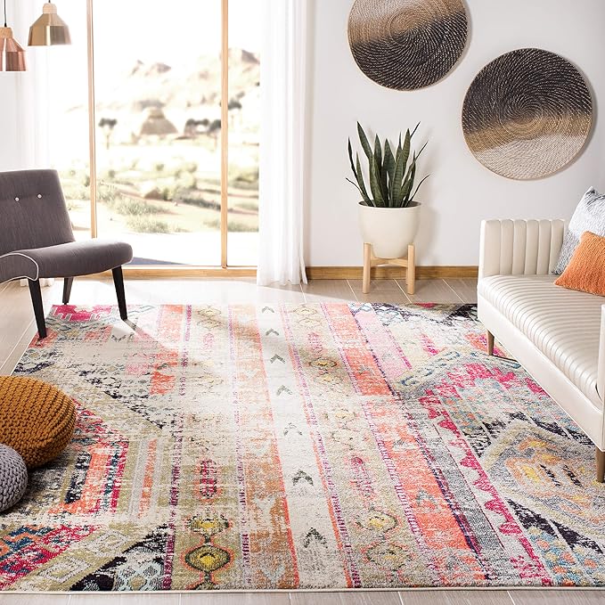 SAFAVIEH Monaco Collection X-Large Area Rug - 12' x 18', Light Grey & Multi, Tribal Distressed Design, Non-Shedding & Easy Care, Ideal for High Traffic Areas in Living Room, Bedroom (MNC222G)