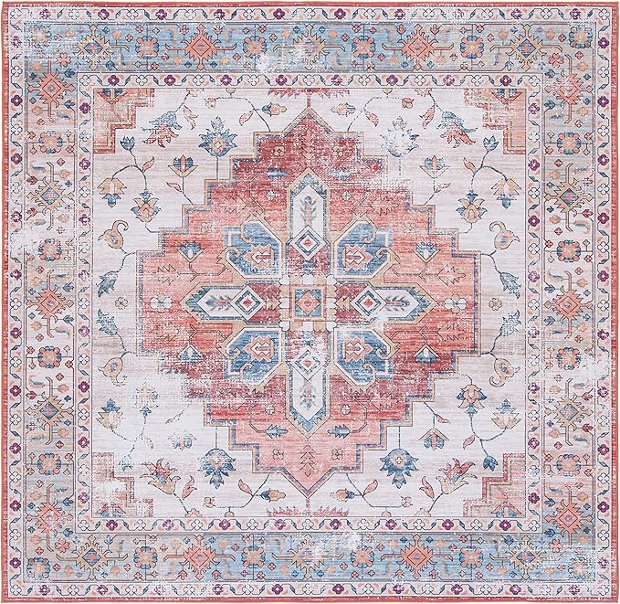 SAFAVIEH Washable Rug Tucson Collection - 4' Square, Beige & Blue, Slip Resistant & Easy to Clean, Ideal for Foyer, Kitchen, Nursery, Office, Bedroom (TSN109B)