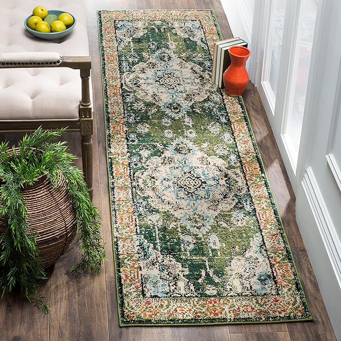 SAFAVIEH Monaco Collection Runner Rug - 2'2" x 8', Forest Green & Light Blue, Non-Shedding & Easy to Clean, Distressed Medallion Design, Ideal for Hallway, Foyer, Entryway, Kitchen, Bedroom (MNC243F)