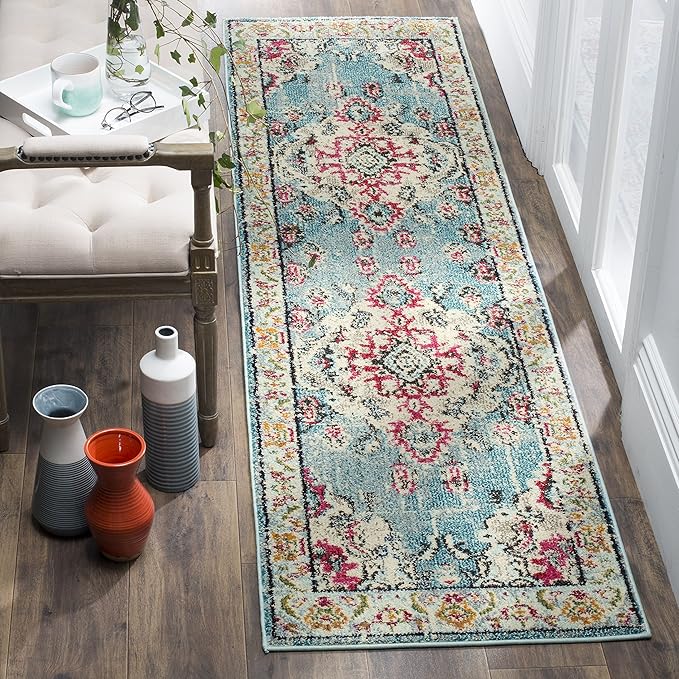 SAFAVIEH Monaco Collection Runner Rug - 2'2" x 12', Light Blue & Fuchsia, Non-Shedding & Easy to Clean, Distressed Medallion Design, Ideal for Hallway, Foyer, Entryway, Kitchen, Bedroom (MNC243J)