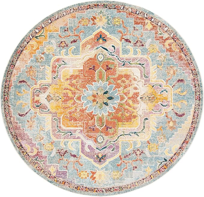 SAFAVIEH Crystal Collection Area Rug - 7' Round, Orange & Teal, Medallion Distressed Design, Non-Shedding & Easy Care, Ideal for High Traffic Areas in Living Room, Bedroom (CRS501K)