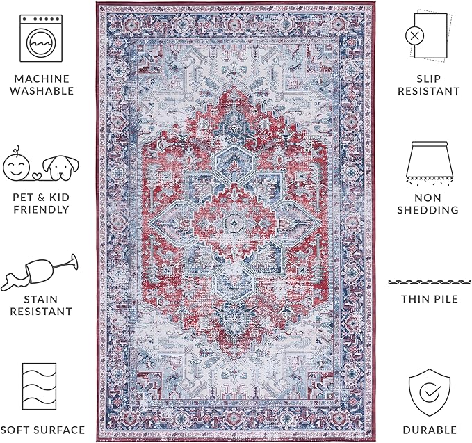 SAFAVIEH Washable Rug Tucson Collection - 5' x 8', Red & Navy, Slip Resistant & Easy to Clean, Ideal for Living Room, Bedroom, Dining Space (TSN101S)