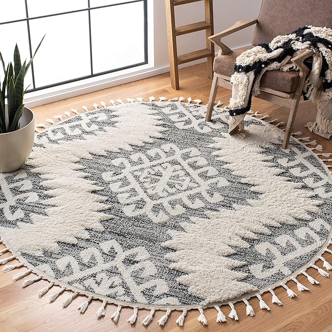SAFAVIEH Moroccan Tassel Shag Collection Area Rug - 12' Round, Ivory & Grey, Boho Design, Non-Shedding & Easy Care, 2-inch Thick Ideal for High Traffic Areas in Living Room, Bedroom (MTS652F)