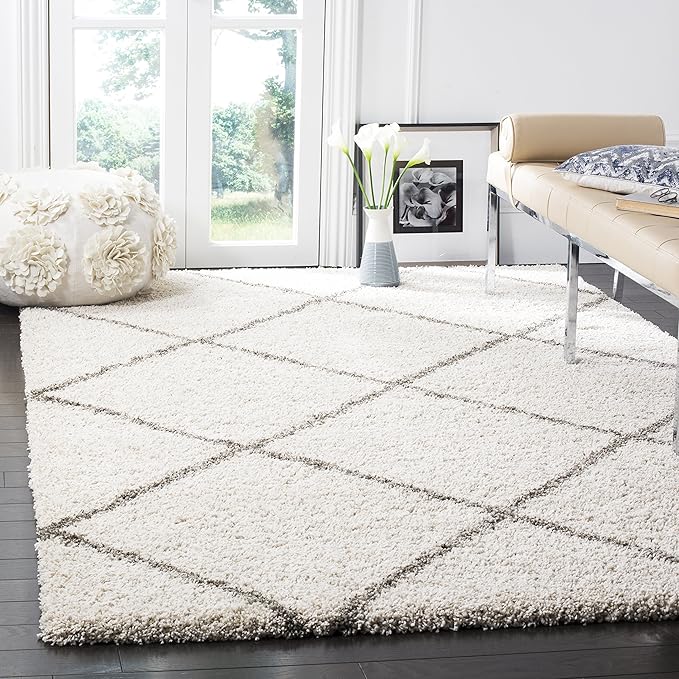 SAFAVIEH Hudson Shag Collection Area Rug - 7' Square, Ivory & Grey, Modern Trellis Design, Non-Shedding & Easy Care, 2-inch Thick Ideal for High Traffic Areas in Living Room, Bedroom (SGH281A)