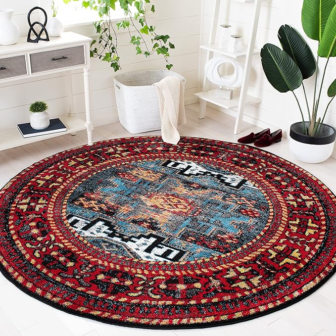 SAFAVIEH Vintage Hamadan Collection Area Rug - 6'7" Round, Red & Light Blue, Persian Design, Non-Shedding & Easy Care, Ideal for High Traffic Areas in Living Room, Bedroom (VTH213Q)