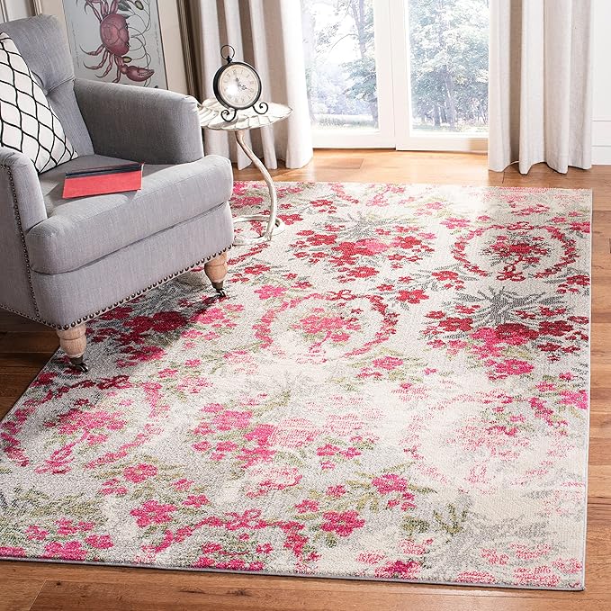 SAFAVIEH Monaco Collection Area Rug - 6'7" x 9'2", Ivory & Pink, Floral Design, Non-Shedding & Easy Care, Ideal for High Traffic Areas in Living Room, Bedroom (MNC205R)