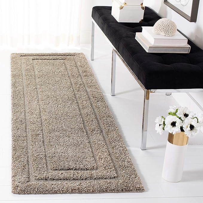 SAFAVIEH Florida Shag Collection Runner Rug - 2'3" x 7', Beige & Beige, Border Design, Non-Shedding & Easy Care, 1.2-inch Thick Ideal for High Traffic Areas in Living Room, Bedroom (SG454-1313)