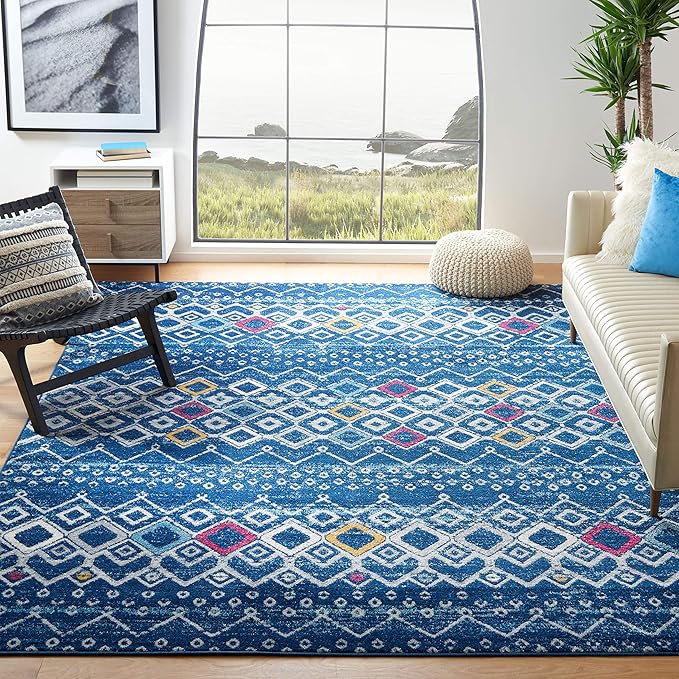 SAFAVIEH Amsterdam Collection X-Large Area Rug - 11' x 15', Navy & Turquoise, Moroccan Boho Design, Non-Shedding & Easy Care, Ideal for High Traffic Areas in Living Room, Bedroom (AMS108M)