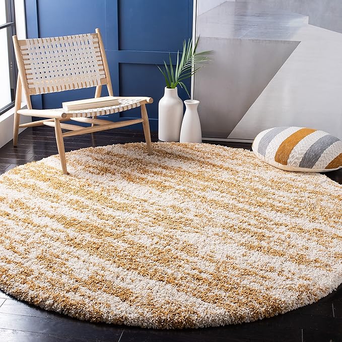 SAFAVIEH Hudson Shag Collection 7' Round Ivory/Gold SGH206D Modern Non-Shedding 2-inch Thick Entryway Foyer Living Room Bedroom Kitchen Area Rug