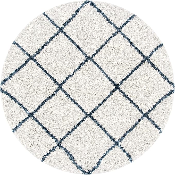 SAFAVIEH Hudson Shag Collection Area Rug - 3' Round, Ivory & Slate Blue, Modern Trellis Design, Non-Shedding & Easy Care, 2-inch Thick Ideal for High Traffic Areas in Living Room, Bedroom (SGH281T)