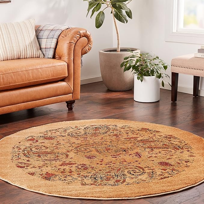 SAFAVIEH Lyndhurst Collection Area Rug - 5'3" Round, Beige & Multi, Traditional Paisley Design, Non-Shedding & Easy Care, Ideal for High Traffic Areas in Living Room, Bedroom (LNH224A)