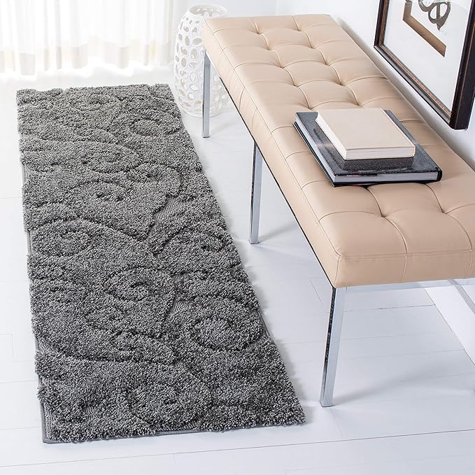 SAFAVIEH Florida Shag Collection Runner Rug - 2'3" x 17', Grey, Scroll Design, Non-Shedding & Easy to Clean, High-Low Plush Pile, Ideal for Bedroom, Foyer, Hallway (SG455-8013)