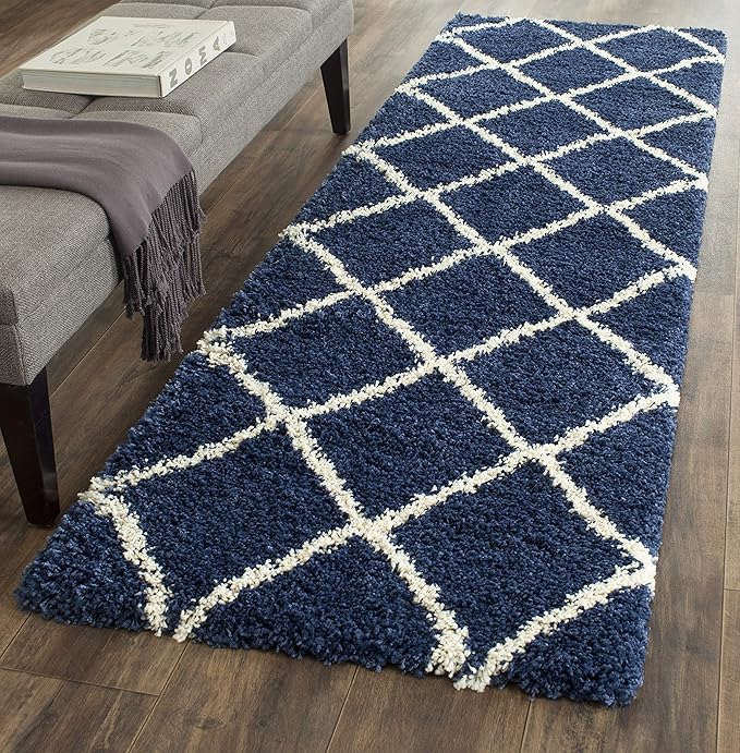 SAFAVIEH Hudson Shag Collection Runner Rug - 2'3" x 16', Navy & Ivory, Modern Trellis Design, Non-Shedding & Easy Care, 2-inch Thick Ideal for High Traffic Areas in Living Room, Bedroom (SGH281C)