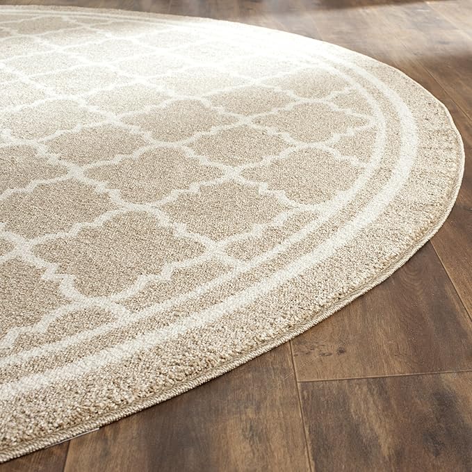 SAFAVIEH Amherst Collection Area Rug - 7' Round, Wheat & Beige, Moroccan Trellis Design, Non-Shedding & Easy Care, Ideal for High Traffic Areas in Living Room, Bedroom (AMT422S)