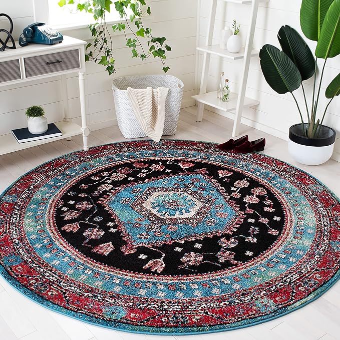 SAFAVIEH Vintage Hamadan Collection 6'7" Round Turquoise/Black VTH204K Traditional Oriental Medallion Non-Shedding Area Rug