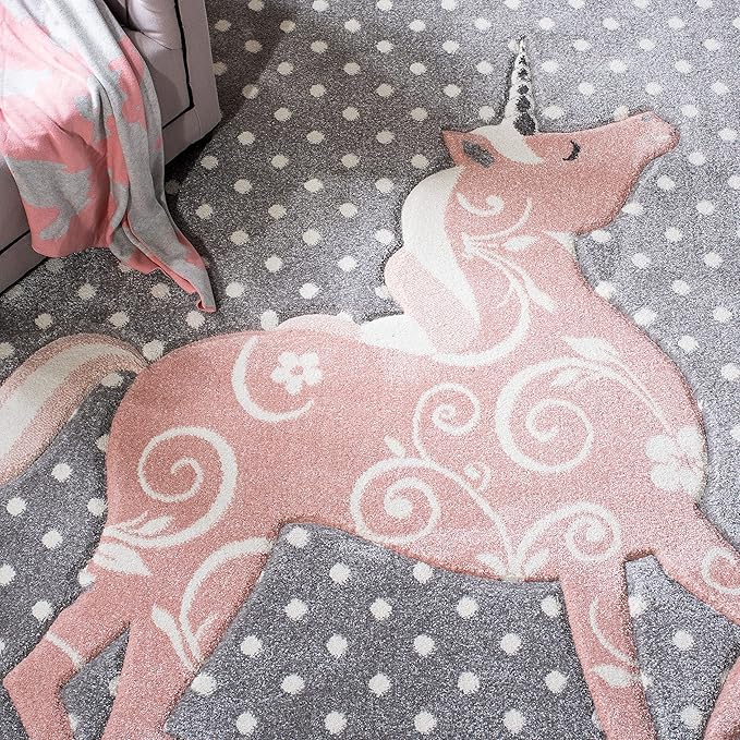 SAFAVIEH Carousel Kids Collection Area Rug - 5'3" Square, Grey & Ivory & Pink, Non-Shedding & Easy Care, Ideal for High Traffic Areas for Boys & Girls in Playroom, Nursery, Bedroom (CRK163G)