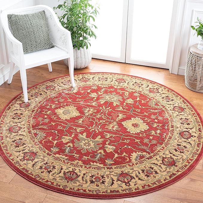 SAFAVIEH Mahal Collection 6'7" Round Red / Beige MAH693Q Traditional Oriental Non-Shedding Dining Room Entryway Foyer Living Room Bedroom Area Rug