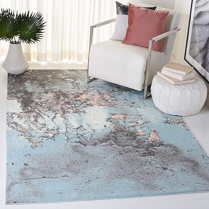 SAFAVIEH Glacier Collection Area Rug - 5'3" x 7'6", Blue & Pink, Modern Abstract Design, Non-Shedding & Easy Care, Ideal for High Traffic Areas in Living Room, Bedroom (GLA125L)